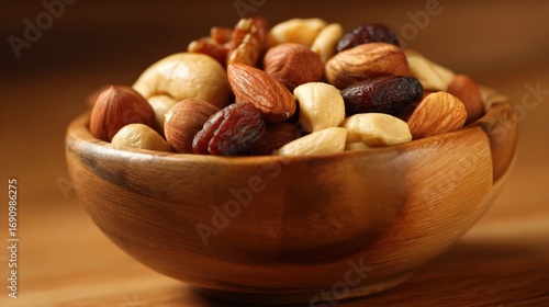 Variety of nuts in a wooden bowl healthy snack concept