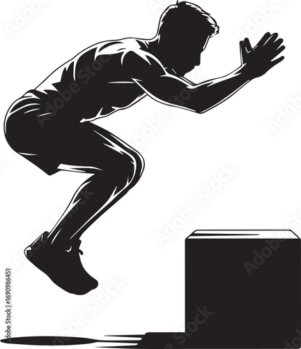 Fitness athlete silhouette jumping over box dynamic workout action silhouette strong muscular man