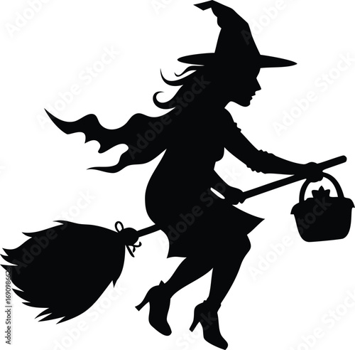 Adorable little witch girl with a pointy hat riding a broomstick holding a candy bucket isolated on white background isolated on transparent background