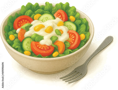 Fresh Garden Salad with Creamy Dressing and Fork in White Bowl