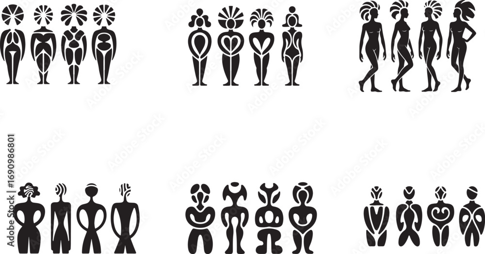 Fototapeta premium Stylized human figures diverse forms silhouettes abstract