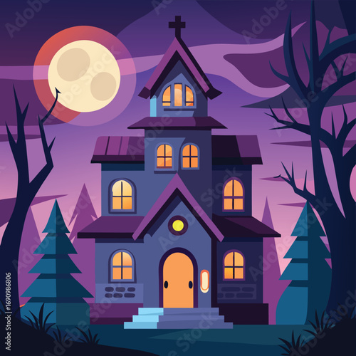 Minimalist haunted house illustration with glowing windows spooky atmosphere and a touch of mystery isolated on white background isolated on transparent background