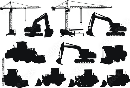 Tower crane, excavator, bulldozer, loader, dump truck, heavy construction machinery, industrial vehicles, earthmoving equipment silhouettes, construction site tools, building machines