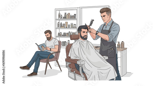 Skilled barber with glasses meticulously cutting hair of a seated client while another man waits reading a magazine in a vintage barbershop setting