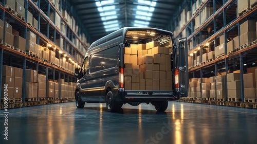 A large delivery van is loaded with numerous cardboard boxes inside a spacious warehouse.