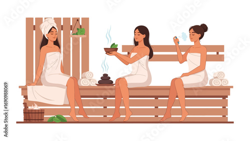 Three relaxed women in white towels enjoying a sauna session with aromatic steam and spa treatments for ultimate relaxation and wellness