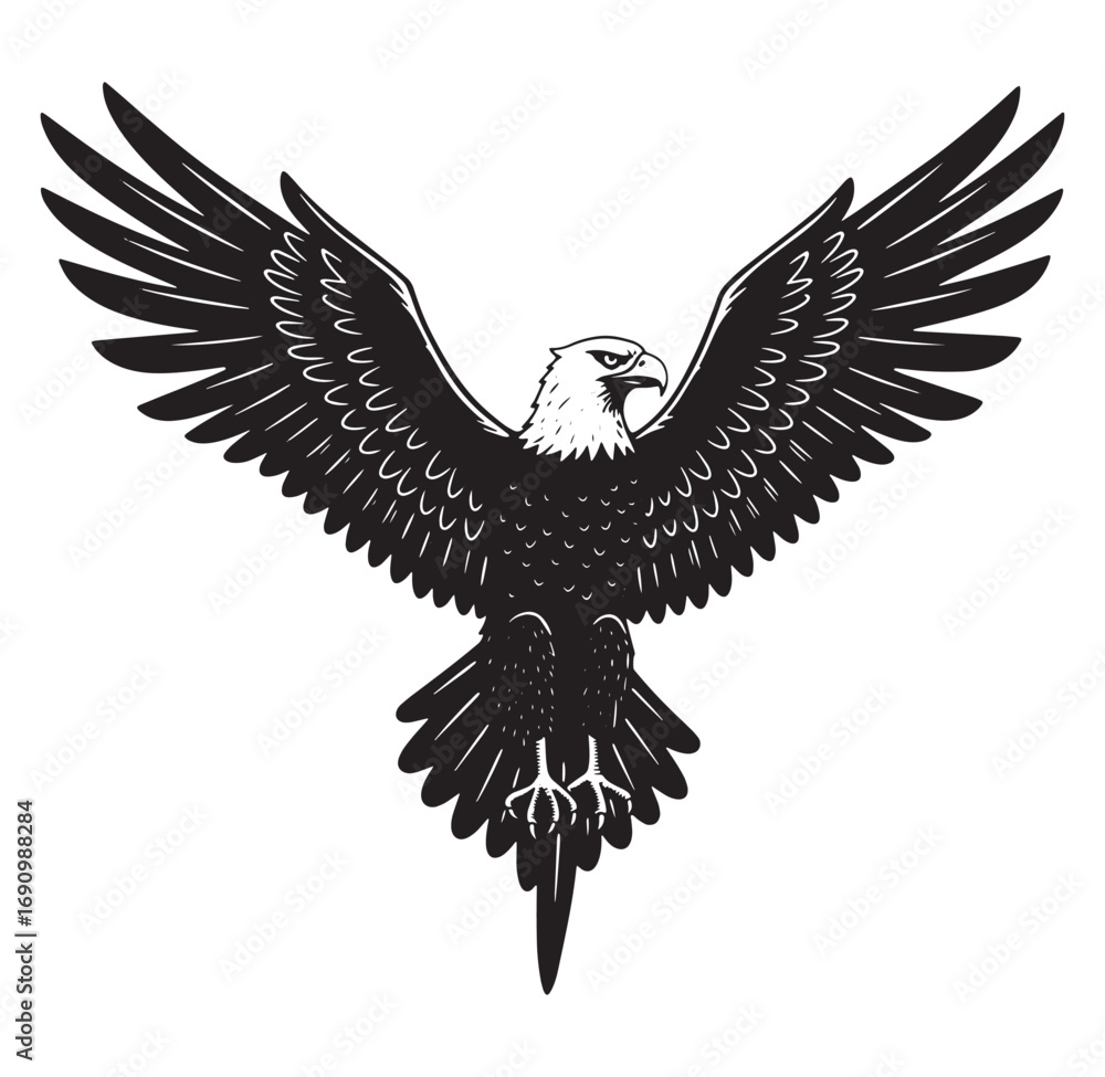 Obraz premium Majestic bald eagle in flight depicted in detailed black and white vector illustration