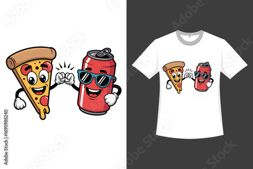 11.Cartoon Pizza and Soda Can Friends on Black Background