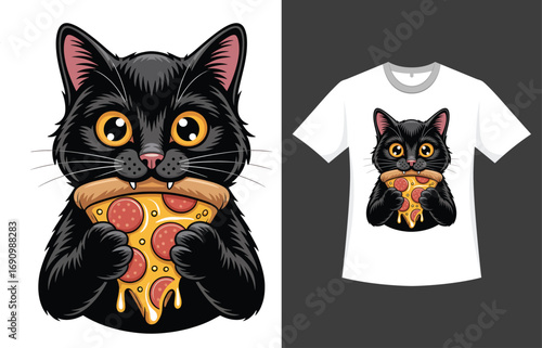 Cute Black Cat Enjoying a Slice of Pizza