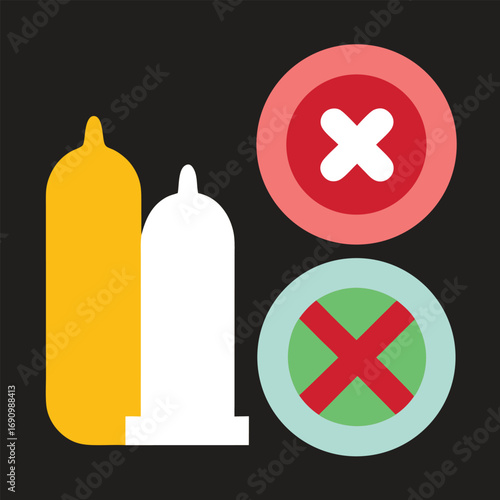 Icons of Condoms and Red Cross Symbols Indicating Safe Sex Keywords: condom, safe sex, contraception, protection