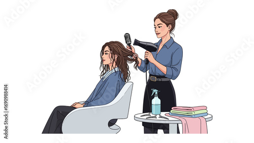 Young woman sitting in a salon chair while a hairstylist uses a hairdryer to style her long brown hair with care