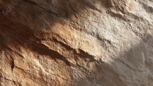 Close up of textured rock surface with natural light highlights