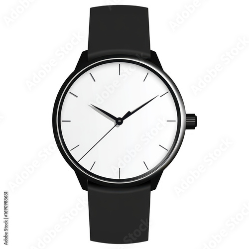 Sleek Wrist Watch: A minimalist wrist watch showcases an elegant design, featuring a classic black strap and a bright white watch face.