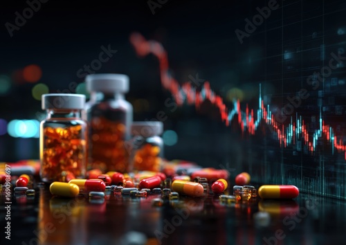 Pharmaceutical market decline depicted by pills and bottles