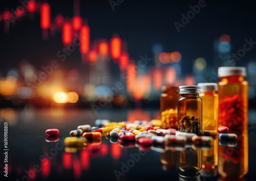 Pharmaceutical products on a reflective surface, with a blurred city skyline and downward-trending stock market graph in the background
