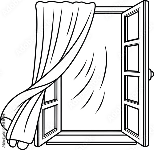 Open window curtains gently blowing inward with german text inspirational