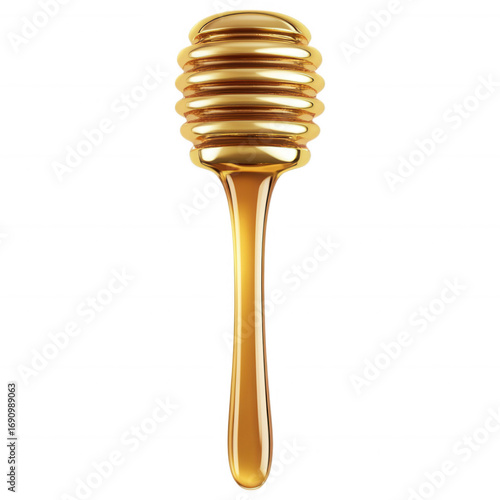 Golden Honey Dipper: A close-up shot of a beautifully crafted golden honey dipper, its grooves glistening as it elegantly holds and drips the sweet, golden nectar.