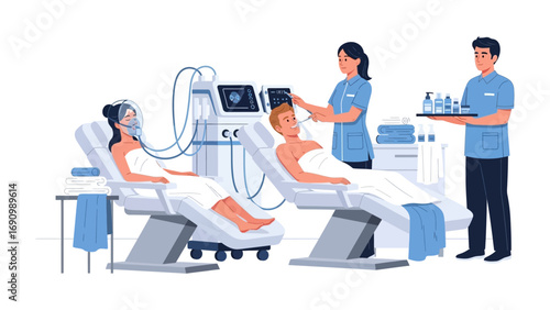 Medical professionals caring for patients in a modern hospital setting with advanced respiratory support equipment and monitoring devices