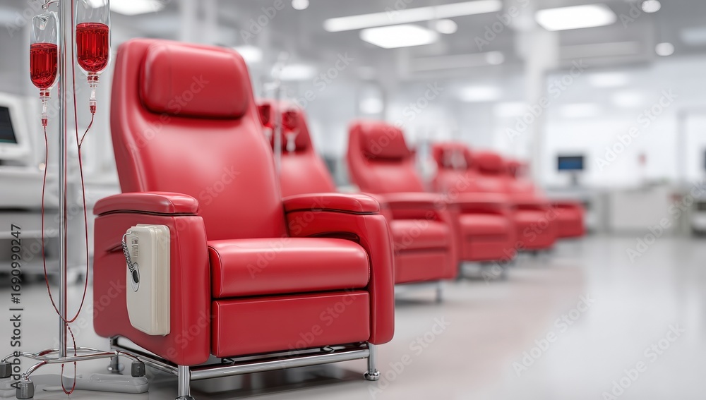 Fototapeta premium Red recliner chairs in a modern medical facility
