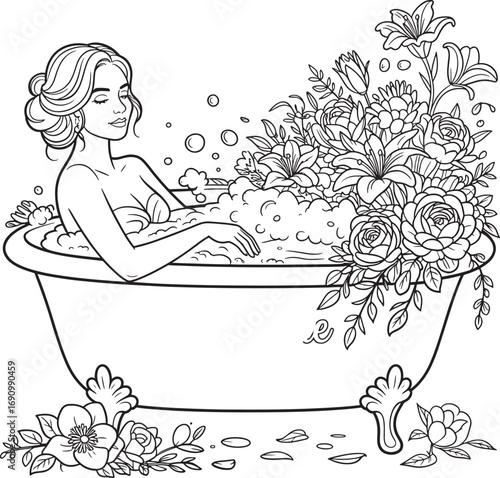 Relaxing floral bath portrait woman enjoying soothing flower bubble soak