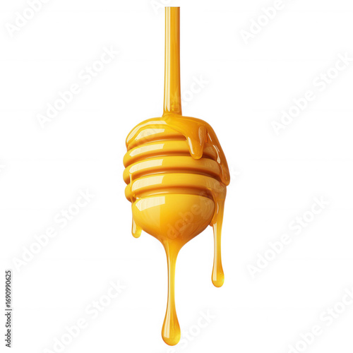 Golden Honey Dripping: An enticing close-up of a honey dipper suspended mid-air, with amber nectar cascading in a perfect, appetizing stream.