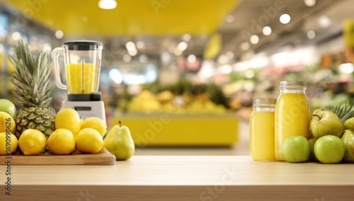 Fresh fruit juices on a wooden table in a supermarket