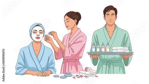 Diverse group of people in bathrobes applying facial masks and skincare products for a relaxing spa day at home