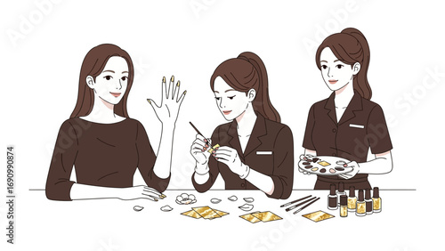 Three young women working together at a table creating and assembling small jewelry pieces and accessories with tools and materials