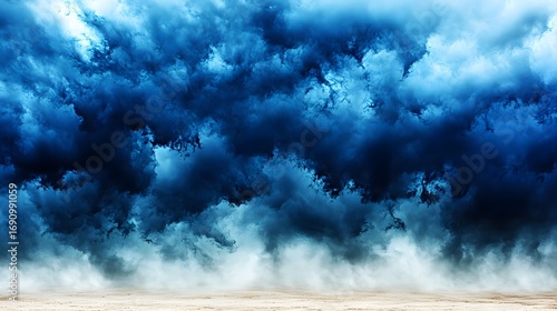 Dark blue storm clouds gather over a barren sandy landscape hinting at an impending weather event