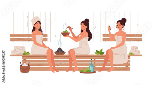 Three relaxed women in white towels enjoying a spa day in a wooden sauna with aromatherapy and healthy drinks