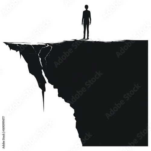 A Figure at the Edge: A lone figure stands precariously at the brink of an abyss, silhouetted against the stark contrast of a bold black and stark background, conveying a sense of solitude.