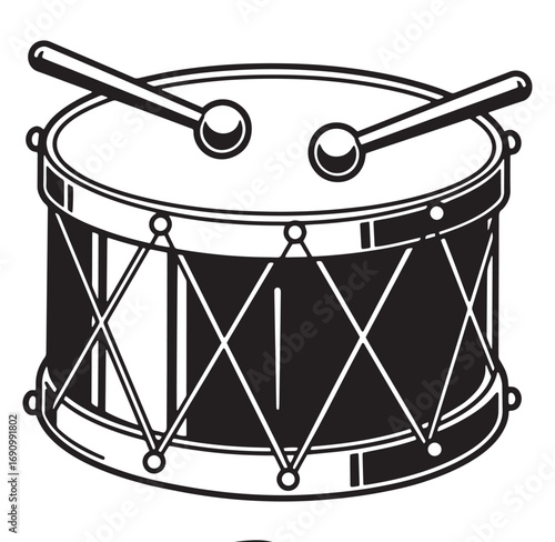 Simple black and white illustration of a snare drum and drumsticks for musical concepts