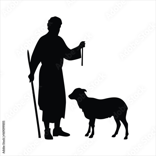 Silhouette of a shepherd with a staff and a sheep