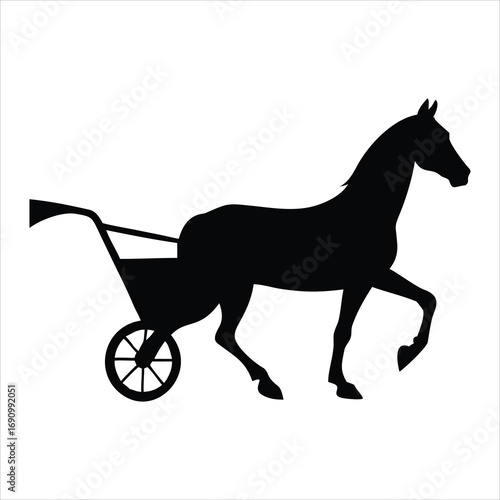 Silhouette of a horse pulling a sulky on a white background