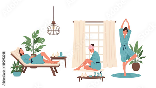 Serene home spa and wellness scene with women practicing yoga relaxing on a chaise lounge and enjoying self care rituals