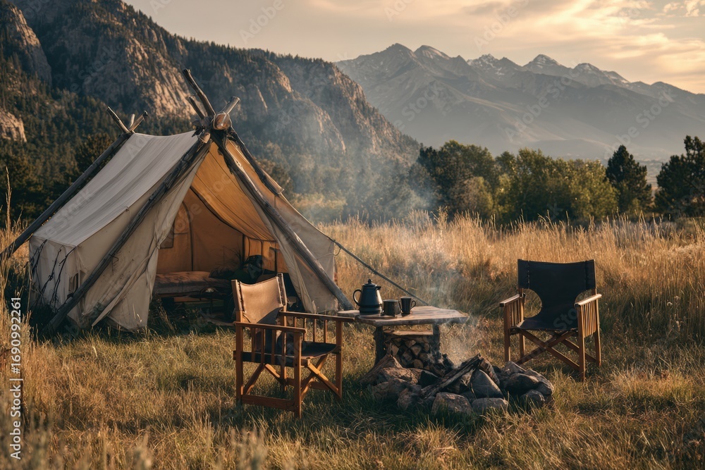 Naklejka premium Rustic camping scene in a meadow