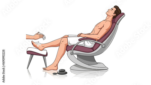 A man relaxes in a futuristic reclining chair with his foot elevated on a stool receiving a foot massage treatment