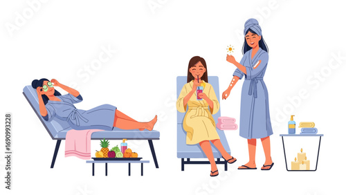 Three women enjoying a relaxing spa day with beauty treatments and refreshing drinks in a serene wellness center environment