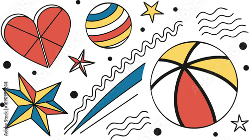Whimsical hand drawn doodles of colorful beach ball heart stars and abstract shapes on white surface fun summer recreation play