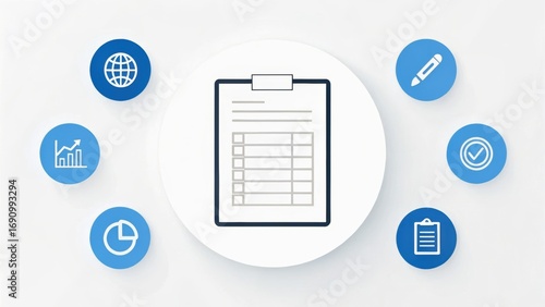A graphic representation of a checklist surrounded by various icons symbolizing data analysis, organization, and productivity.