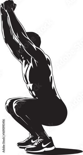 Fit athlete silhouette performing a dynamic squat exercise powerful workout motion full body strength training