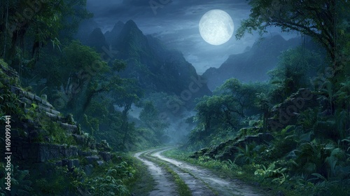Lush jungle path at night under a full moon