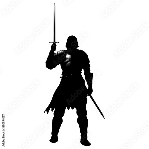 Shadow Knight: A silhouette of a formidable knight stands tall, brandishing two swords in a stark display of power, resilience, and the timeless allure of medieval valor. 