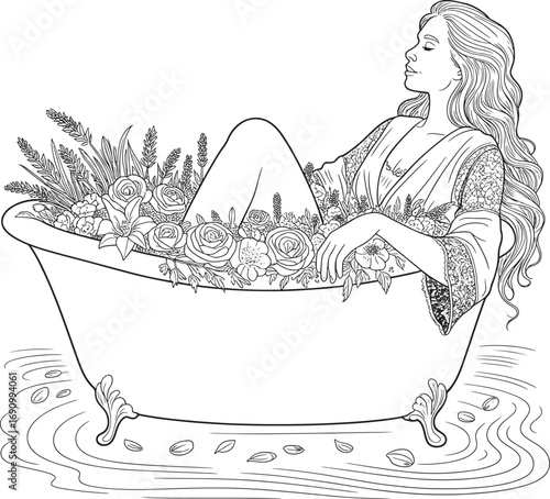 Woman relaxing in flower filled bathtub serene bath time floral escape