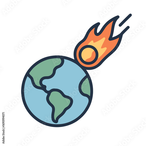 Meteor hitting Earth icon. Global disaster, apocalypse & climate change symbol.