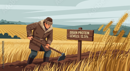 Illustration of a farmer working in a wheat field with grain protein level sign