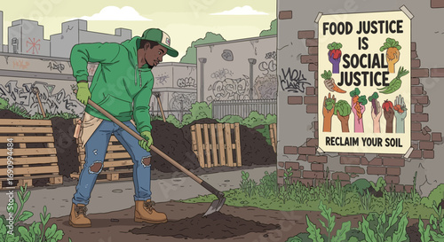 Illustration showcasing urban farming and food justice advocacy in a community garden setting