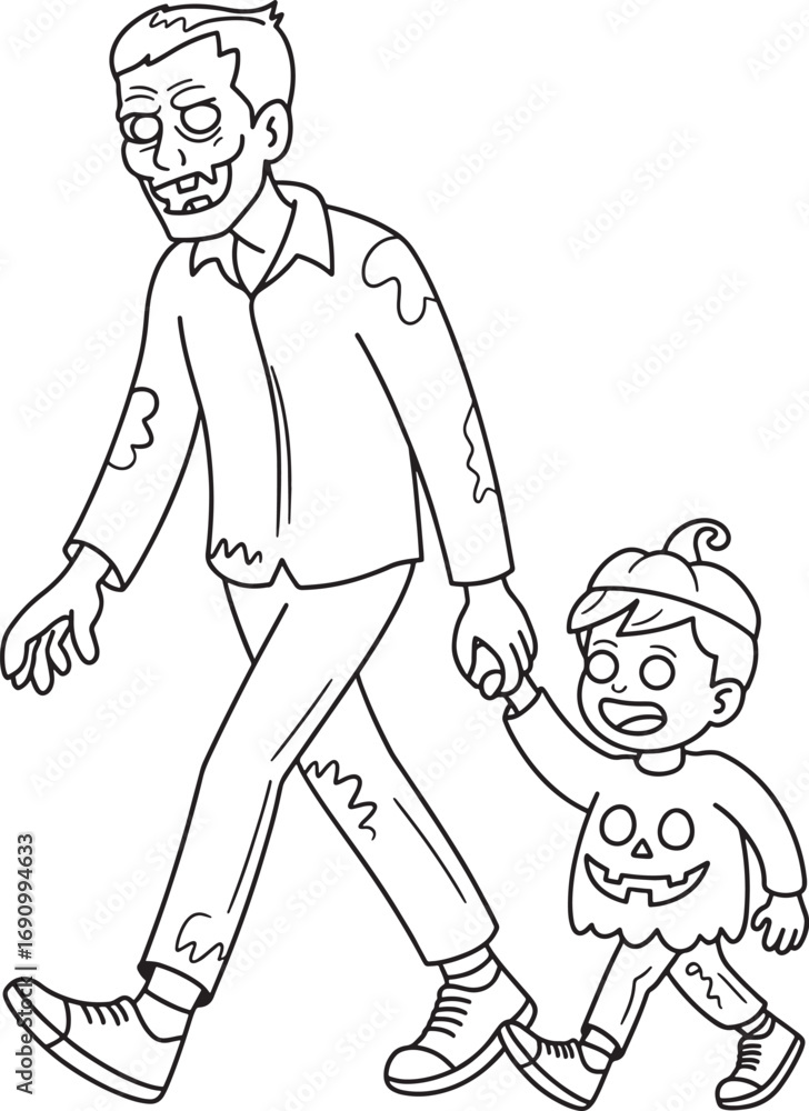 Obraz premium Zombie father and child trick or treating spooky halloween cartoon