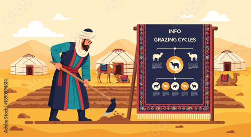 Traditional farmer working on arid land with yurt dwellings and grazing cycles info