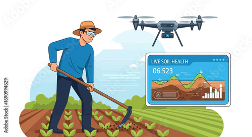 Illustration of farmer using technology in agriculture to improve soil health productivity